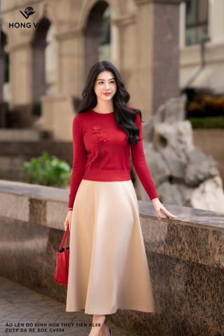 Áo len đỏ đính hoa thủy tiên AL08