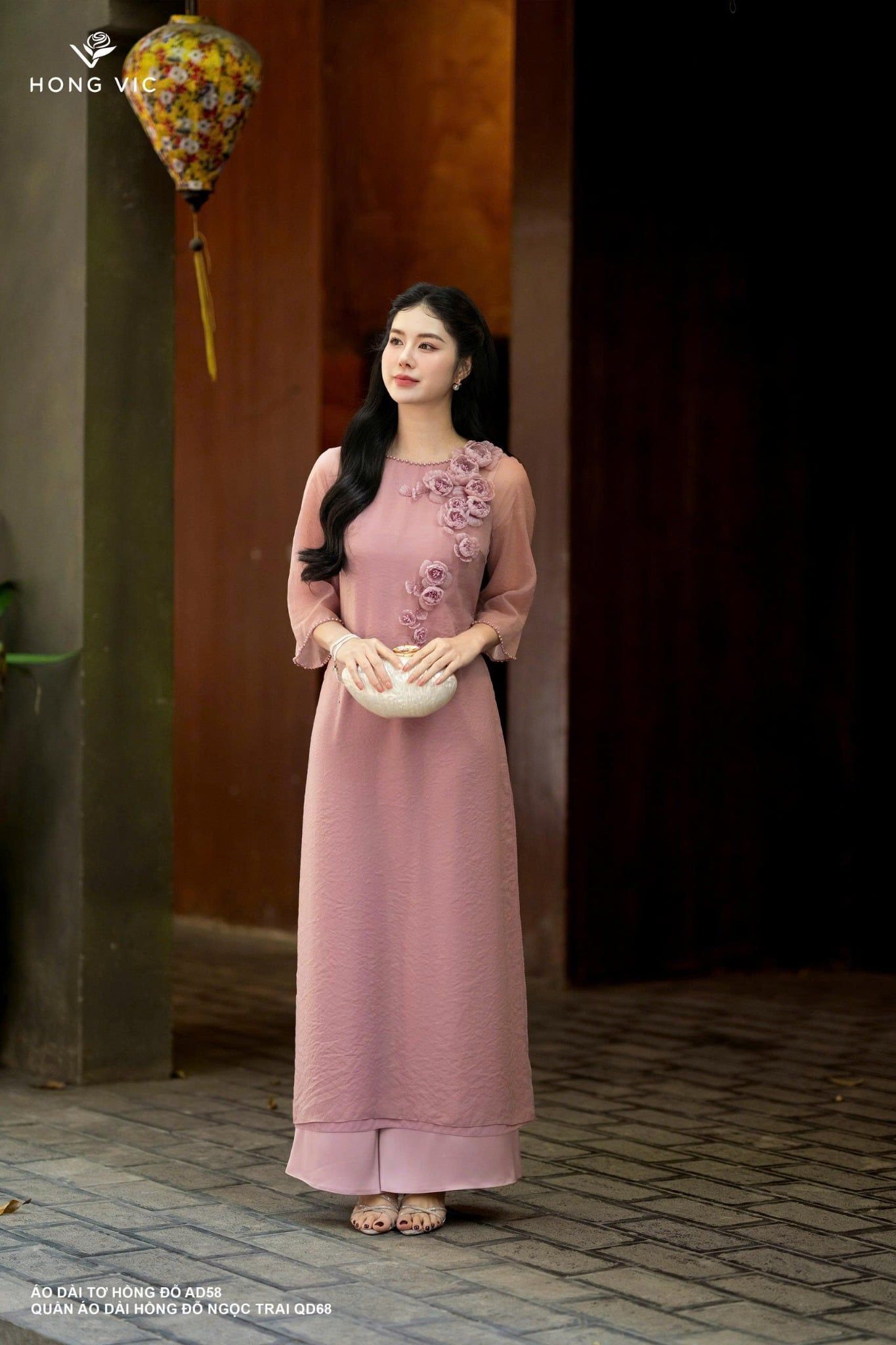 Quần áo dài hồng đỗ ngọc trai QD68