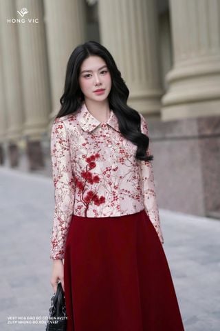 Vest hoa đào đỏ cổ sen AV271