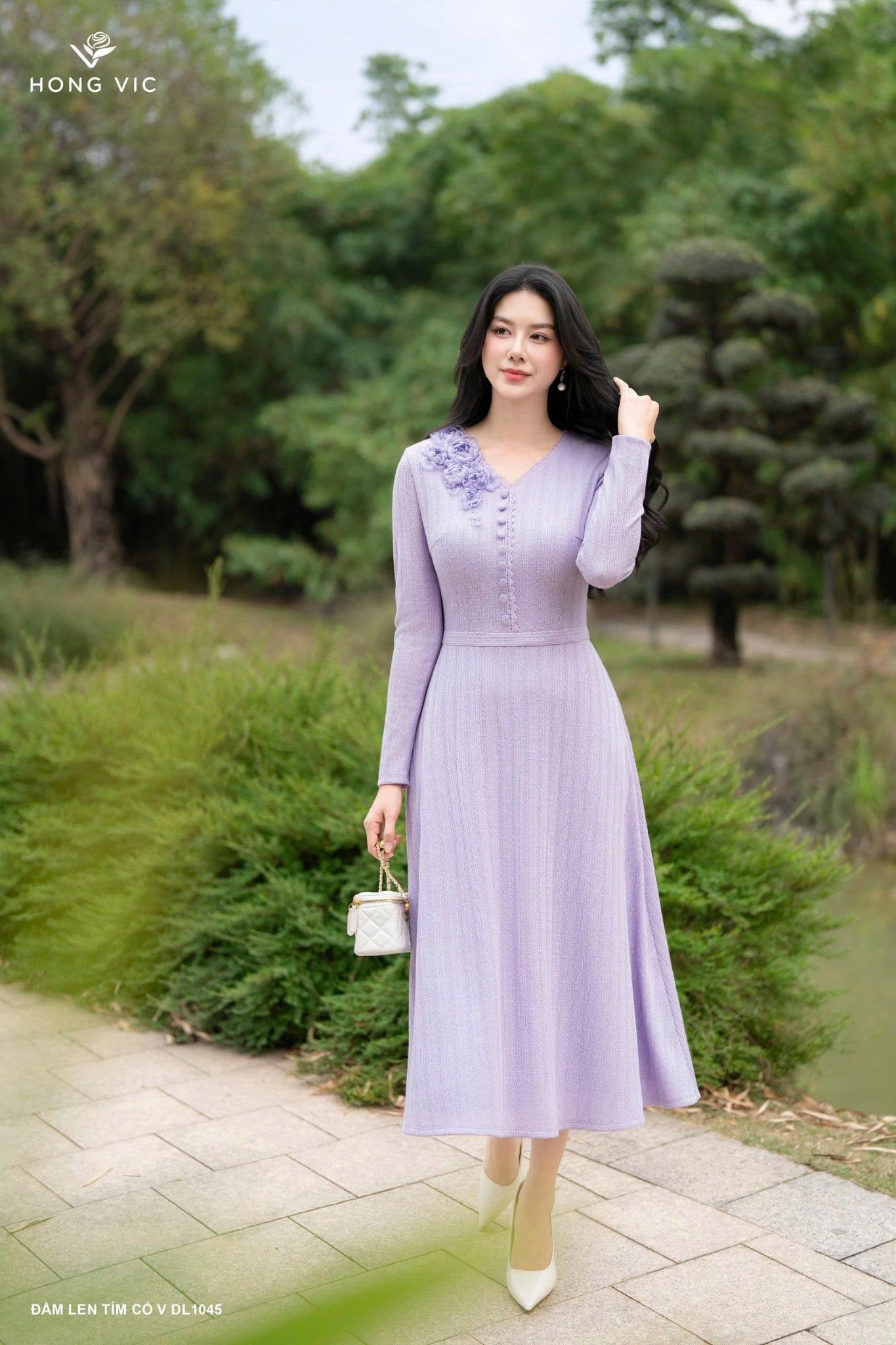 Đầm len tím cổ V DL1045