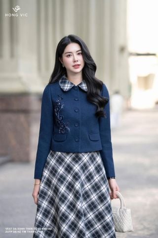 Vest dạ xanh than cổ sen AV262