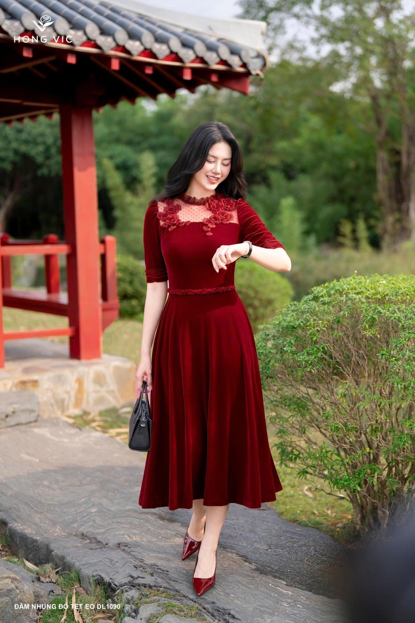 Đầm nhung đỏ tết eo DL1090