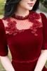 Đầm nhung đỏ tết eo DL1090