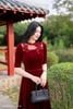 Đầm nhung đỏ tết eo DL1090