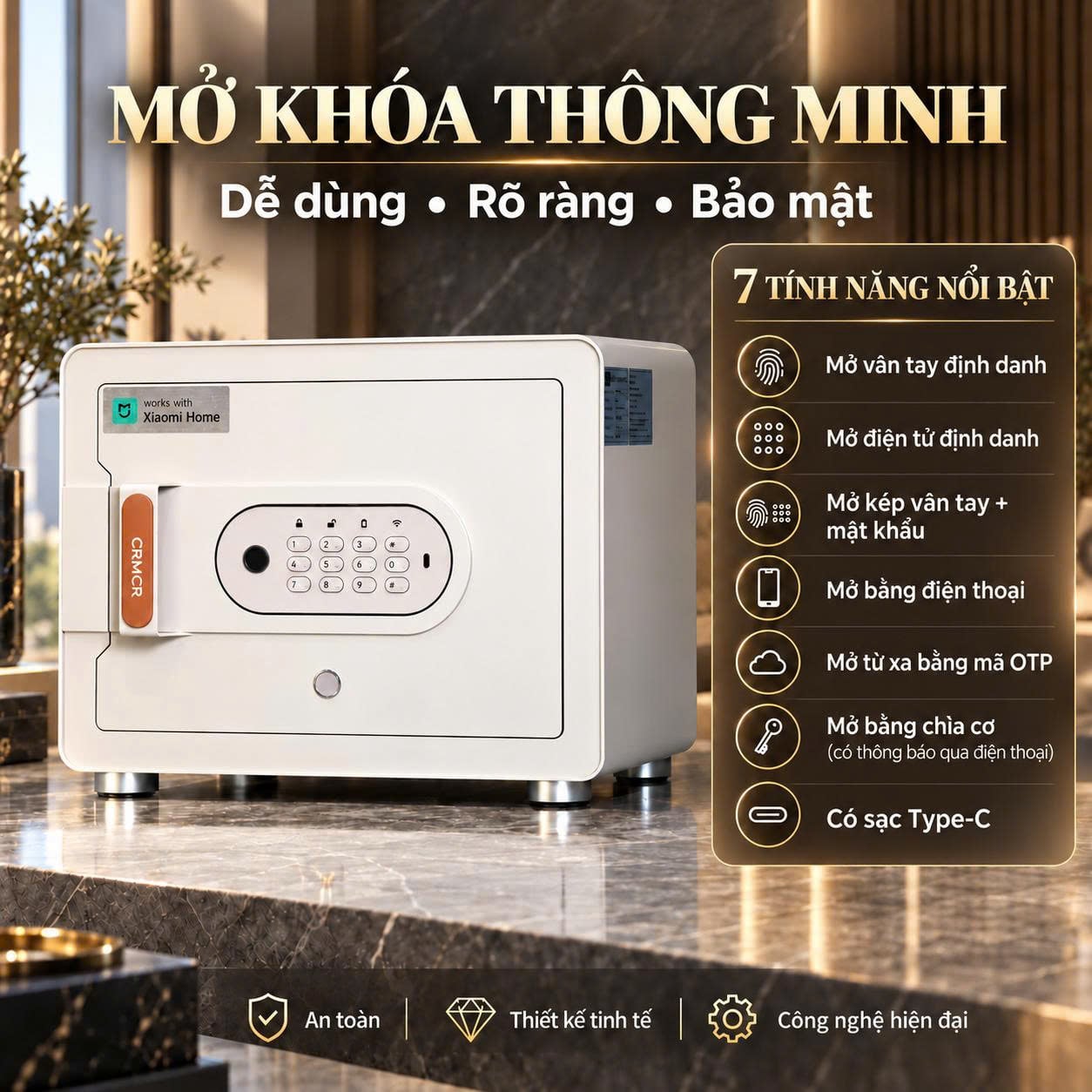Két Sắt Mini Xiaomi CRMCR 30MS Vân Tay Điện Tử Định Danh, 8 Chế Độ Cảnh Báo Điện Thoại