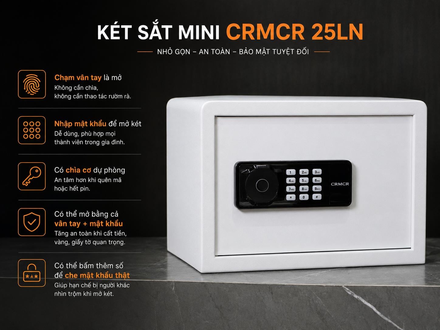 Két Sắt Xiaomi CRMCR 25LN – Két Mini Premium Bảo Mật 5 Cách Mở, Để Vừa A4, Chống Lộ Mật Khẩu