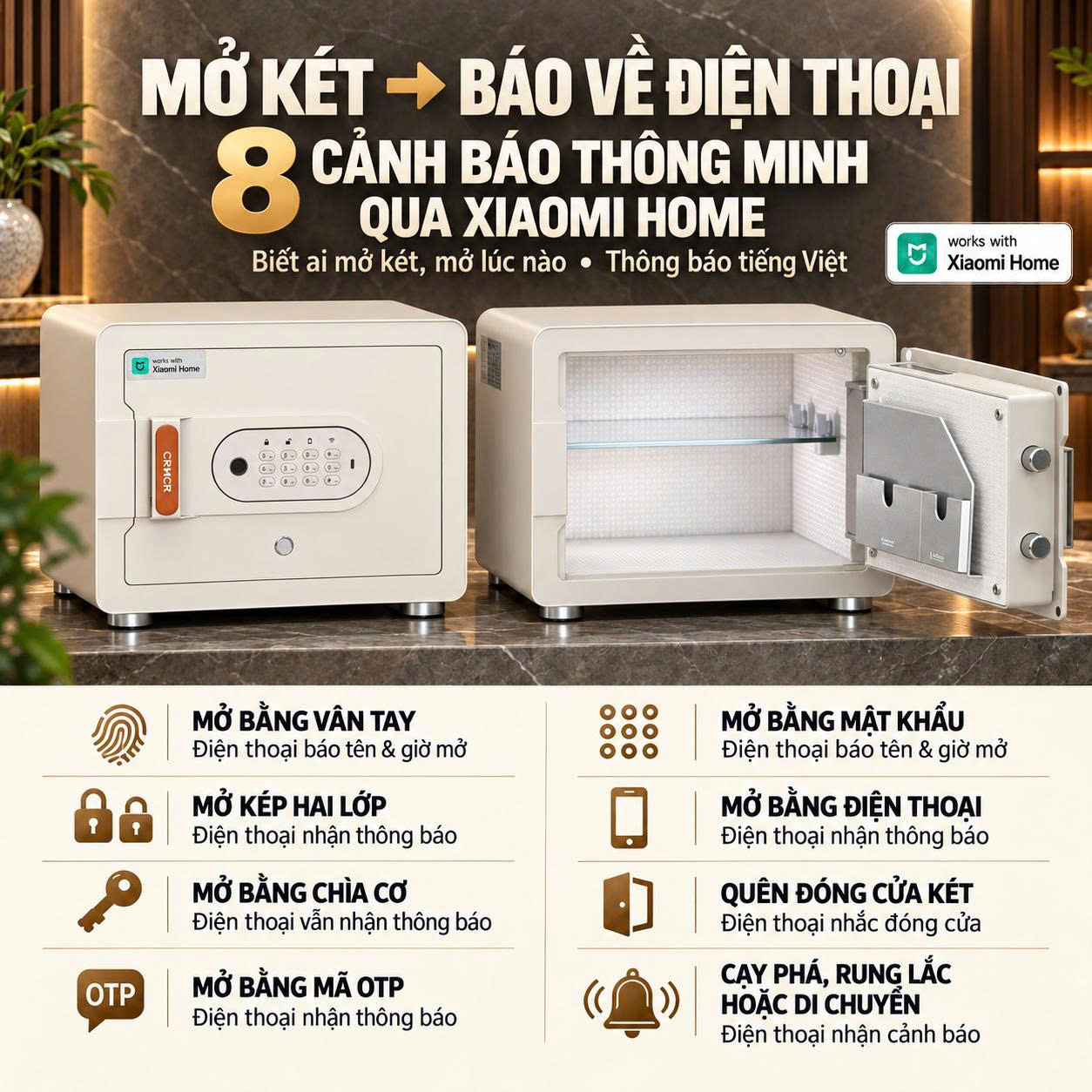 Két Sắt Mini Xiaomi CRMCR 30MS Vân Tay Điện Tử Định Danh, 8 Chế Độ Cảnh Báo Điện Thoại