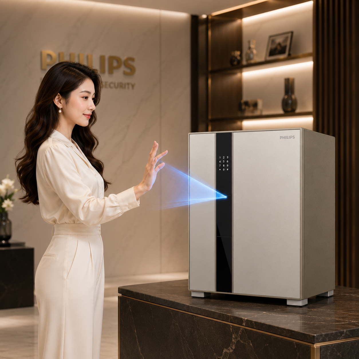 Két Sắt Philips VALIS-6BU Nhận Diện Tĩnh Mạch Lòng Bàn Tay Không Chạm, Vẫy Tay Mở 1 Giây, Cảnh Báo App Tuya Smart, Thân Thép Liền Khối