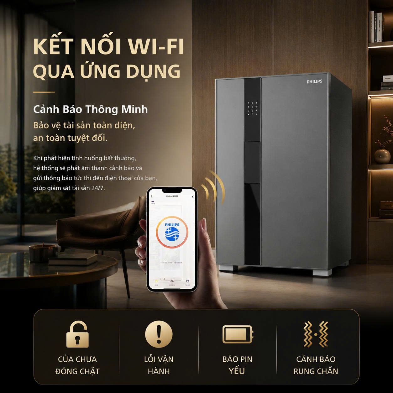 Két Sắt Philips VALIS-6BU Nhận Diện Tĩnh Mạch Lòng Bàn Tay Không Chạm, Vẫy Tay Mở 1 Giây, Cảnh Báo App Tuya Smart, Thân Thép Liền Khối