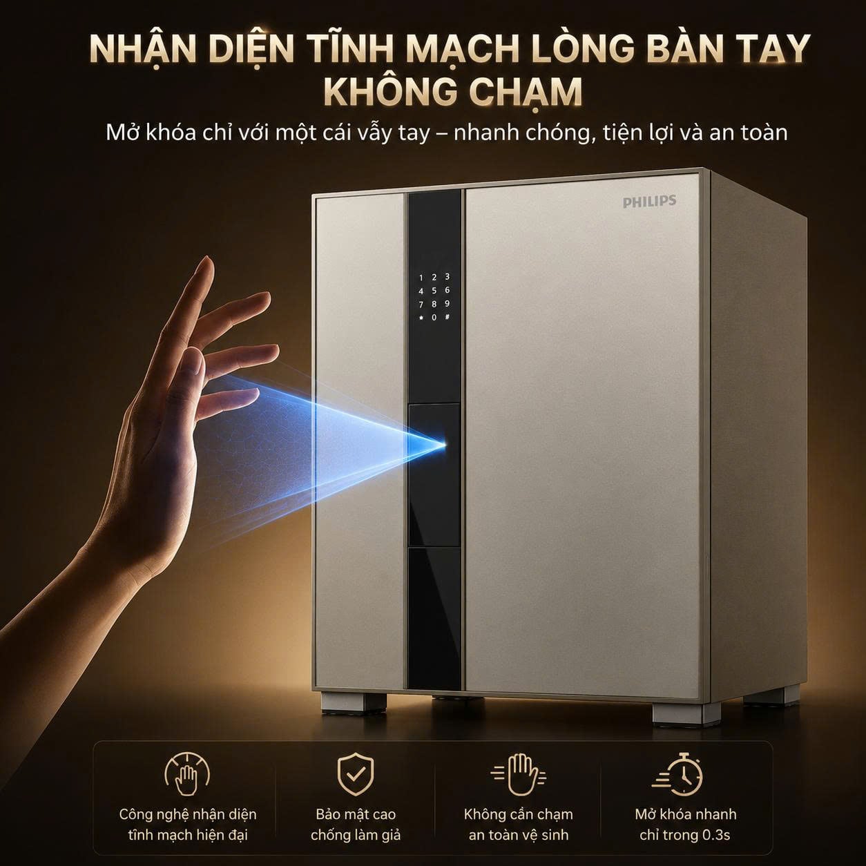 Két Sắt Philips VALIS-6BU Nhận Diện Tĩnh Mạch Lòng Bàn Tay Không Chạm, Vẫy Tay Mở 1 Giây, Cảnh Báo App Tuya Smart, Thân Thép Liền Khối
