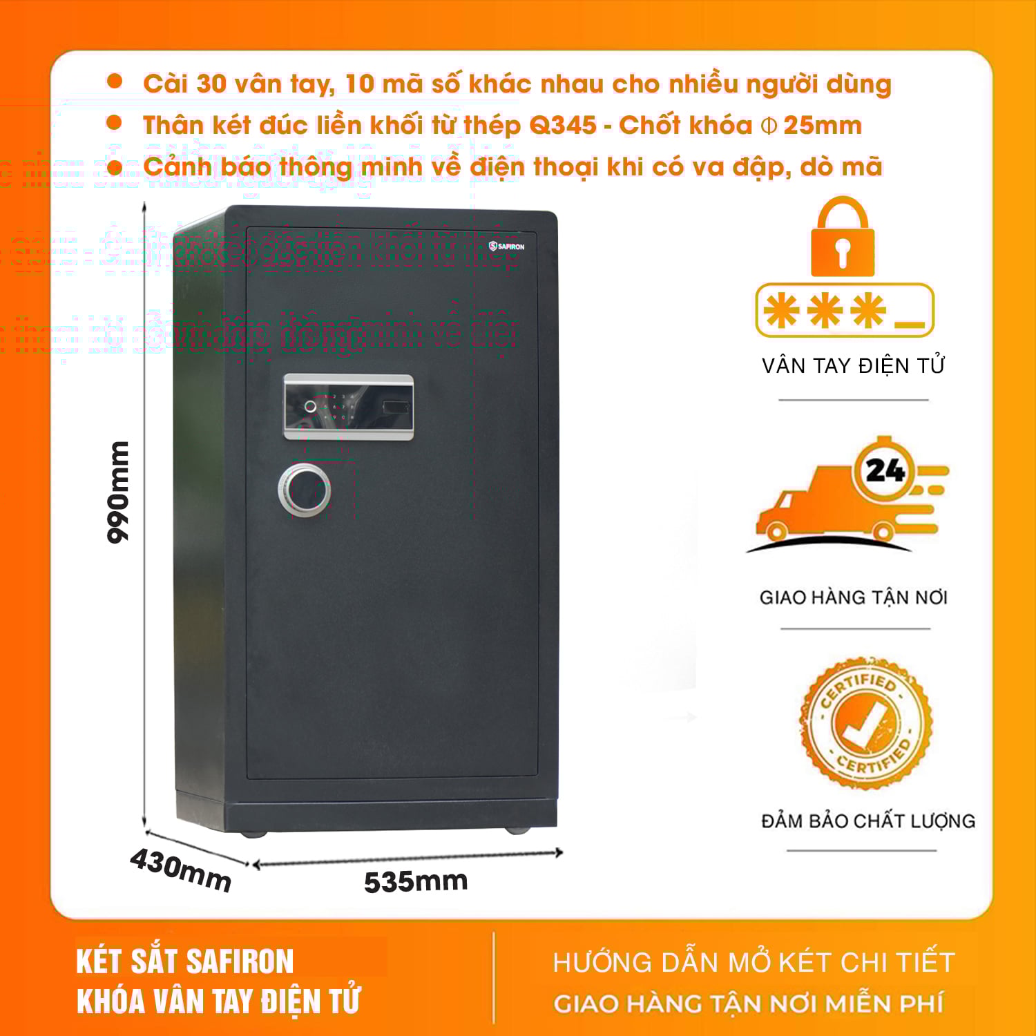 Két Sắt Nhập Khẩu Safiron 100LS Vân Tay Điện Tử Kết Nối APP Điện Thoại