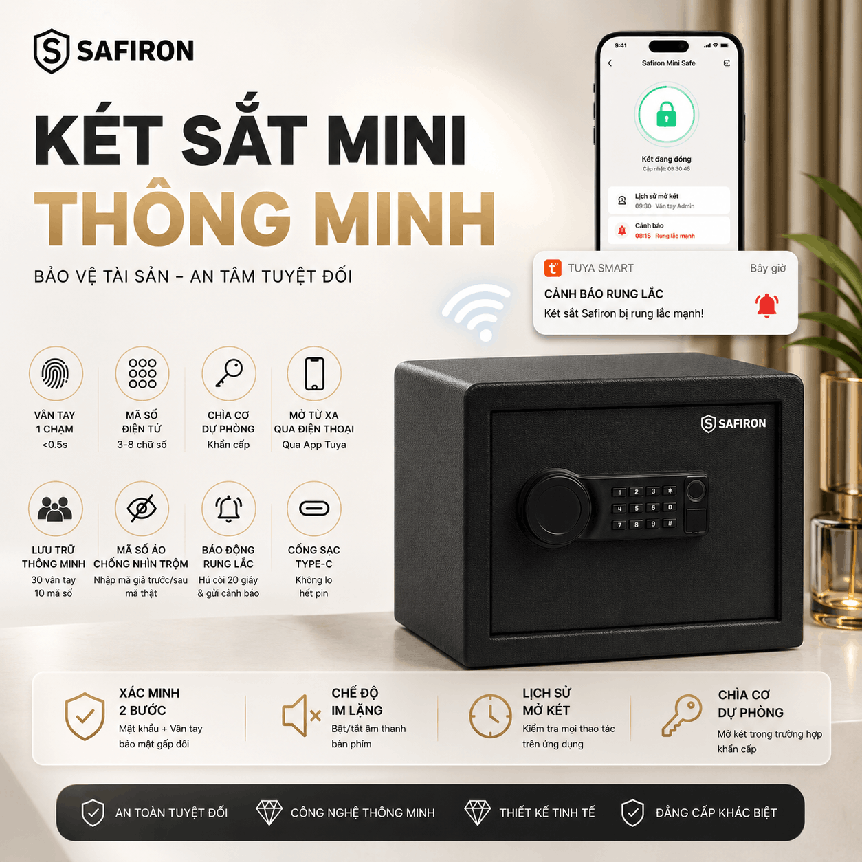Két Sắt Mini Thông Minh Safiron 25LBF Vân Tay Điện Tử Kết Nối Điện Thoại