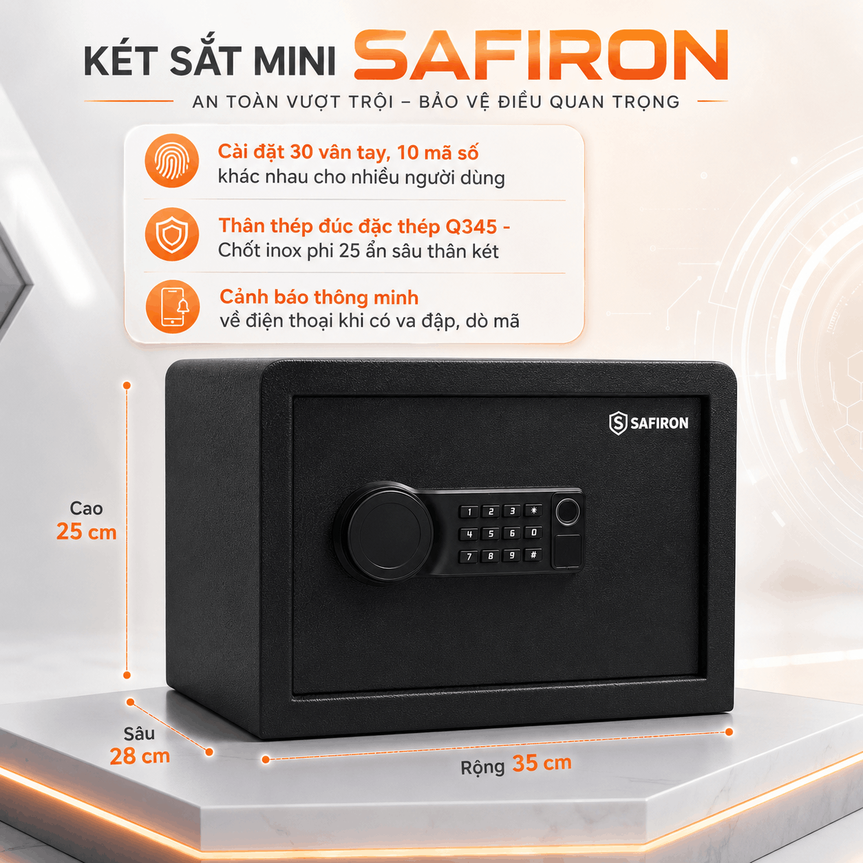 Két Sắt Mini Thông Minh Safiron 25LBF Vân Tay Điện Tử Kết Nối Điện Thoại