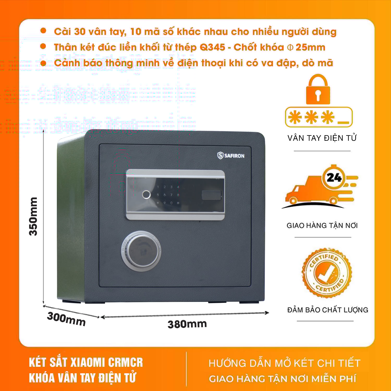 Két Sắt Mini Nhập Khẩu Safiron 35LS Vân Tay Điện Tử Kết Nối App Điện Thoại