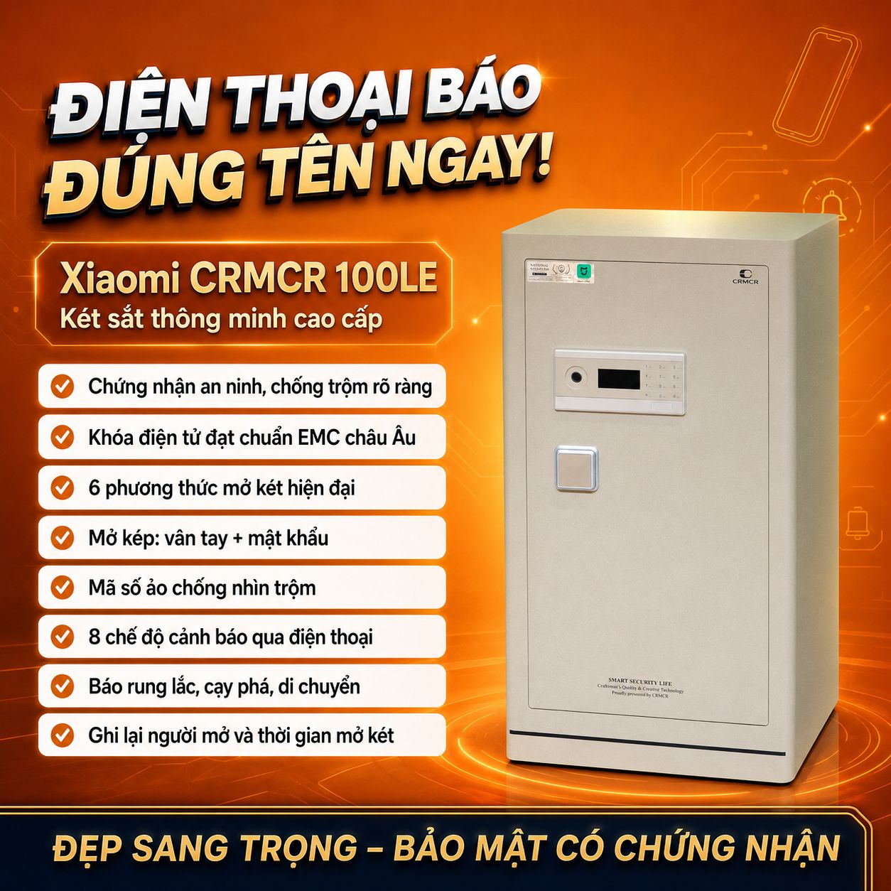 Két Sắt Xiaomi CRMCR 100LE Vân Tay Định Danh Báo Đúng Tên Người Mở, Thân thép Q345 Đúc Đặc 6 Mặt. 8 Chế Độ Cảnh Báo Điện Thoại