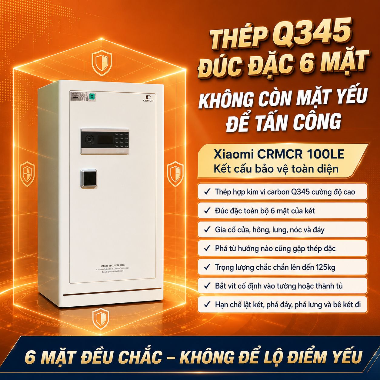 Két Sắt Xiaomi CRMCR 100LE Vân Tay Định Danh Báo Đúng Tên Người Mở, Thân thép Q345 Đúc Đặc 6 Mặt. 8 Chế Độ Cảnh Báo Điện Thoại