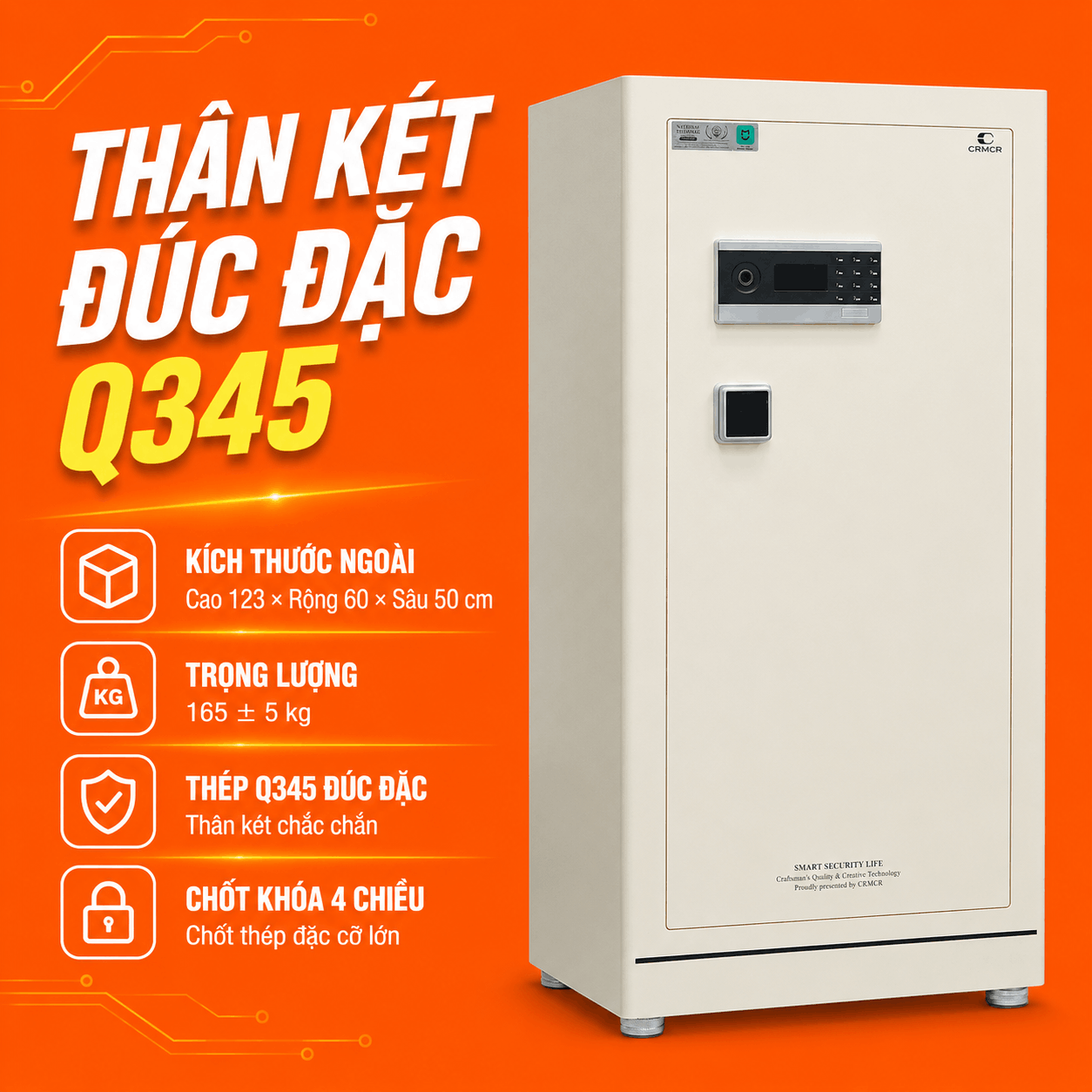 Két Sắt Xiaomi CRMCR 120LE 165kg – Vân Tay Điện Tử Báo Đúng Tên Người Mở, Thép Q345 Đúc Đặc 6 Mặt, Bảo Hành 6 Năm