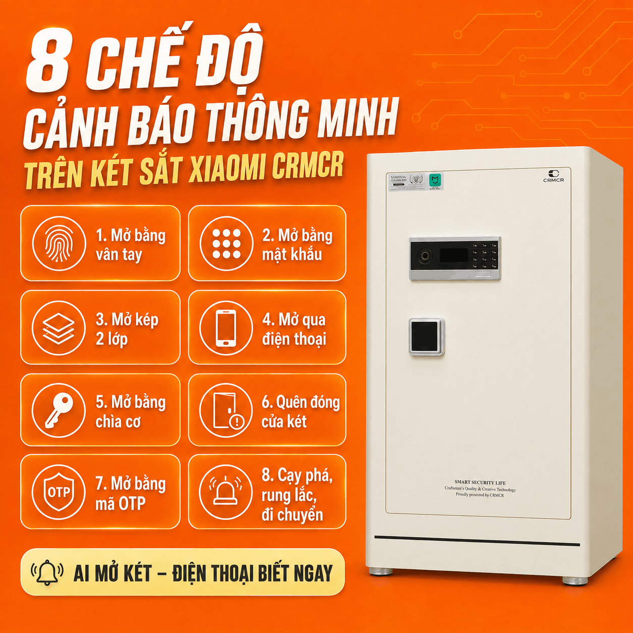 Két Sắt Xiaomi CRMCR 120LE 165kg – Vân Tay Điện Tử Báo Đúng Tên Người Mở, Thép Q345 Đúc Đặc 6 Mặt, Bảo Hành 6 Năm