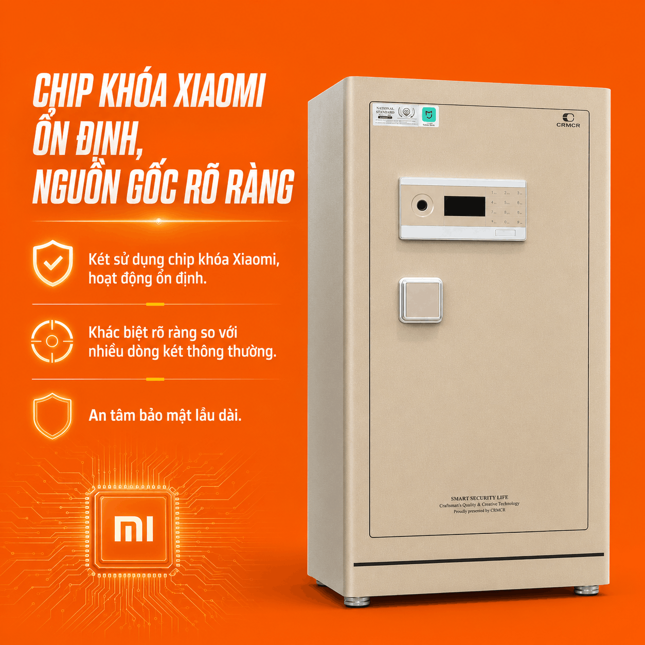 Két Sắt Xiaomi CRMCR 120LE 165kg – Vân Tay Điện Tử Báo Đúng Tên Người Mở, Thép Q345 Đúc Đặc 6 Mặt, Bảo Hành 6 Năm