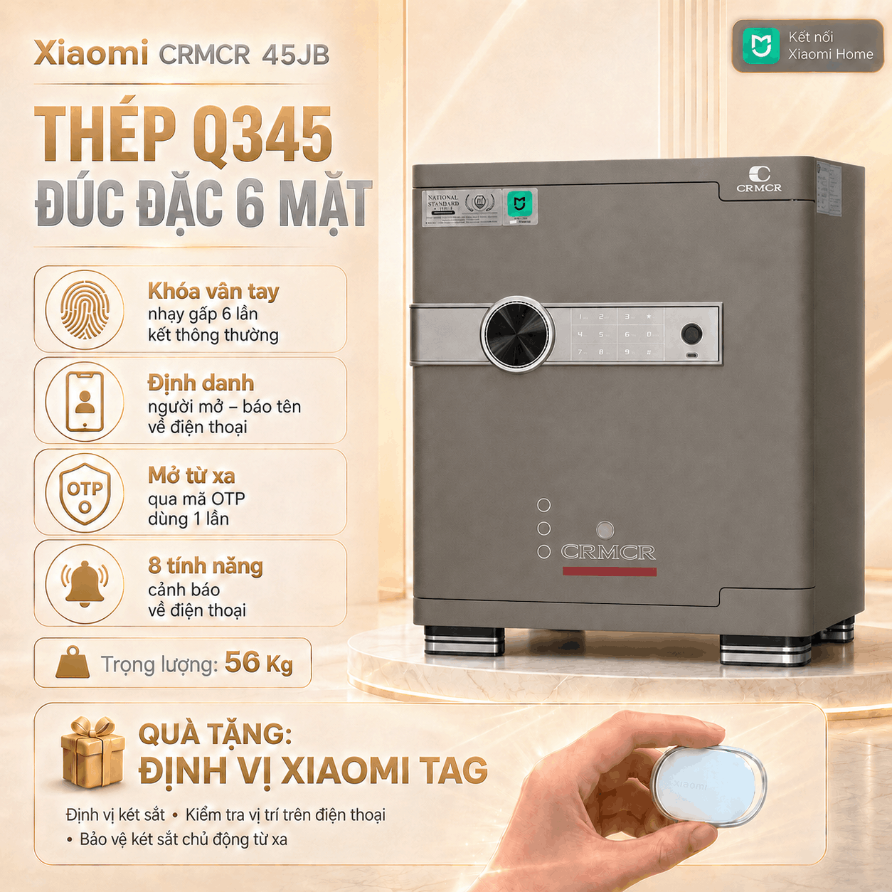 Két Sắt Xiaomi CRMCR 45JB Khóa Vân Tay Điện Tử, cảnh báo điện thoại