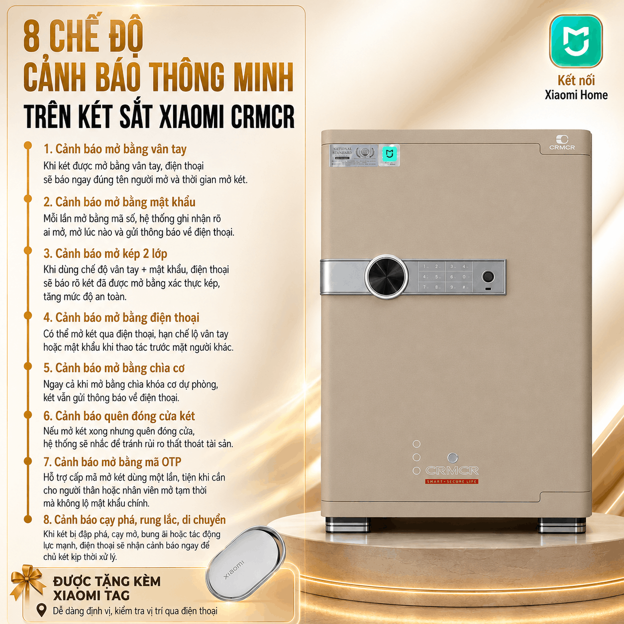 Két Sắt Xiaomi CRMCR 65JB Khóa Vân Tay Điện Tử, Cảnh báo điện thoại