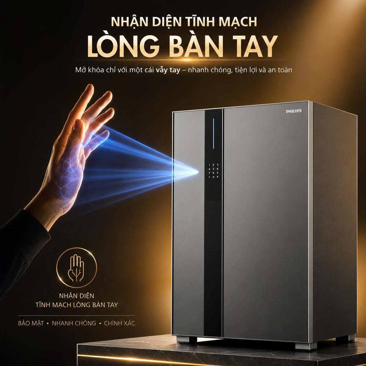 Két Sắt Philips VALIS-8BU Mở Bằng Tĩnh Mạch Lòng Bàn Tay Không Chạm, Cảnh Báo App Tuya Smart 24/7, Thân Thép Vi Carbon Nguyên Khối