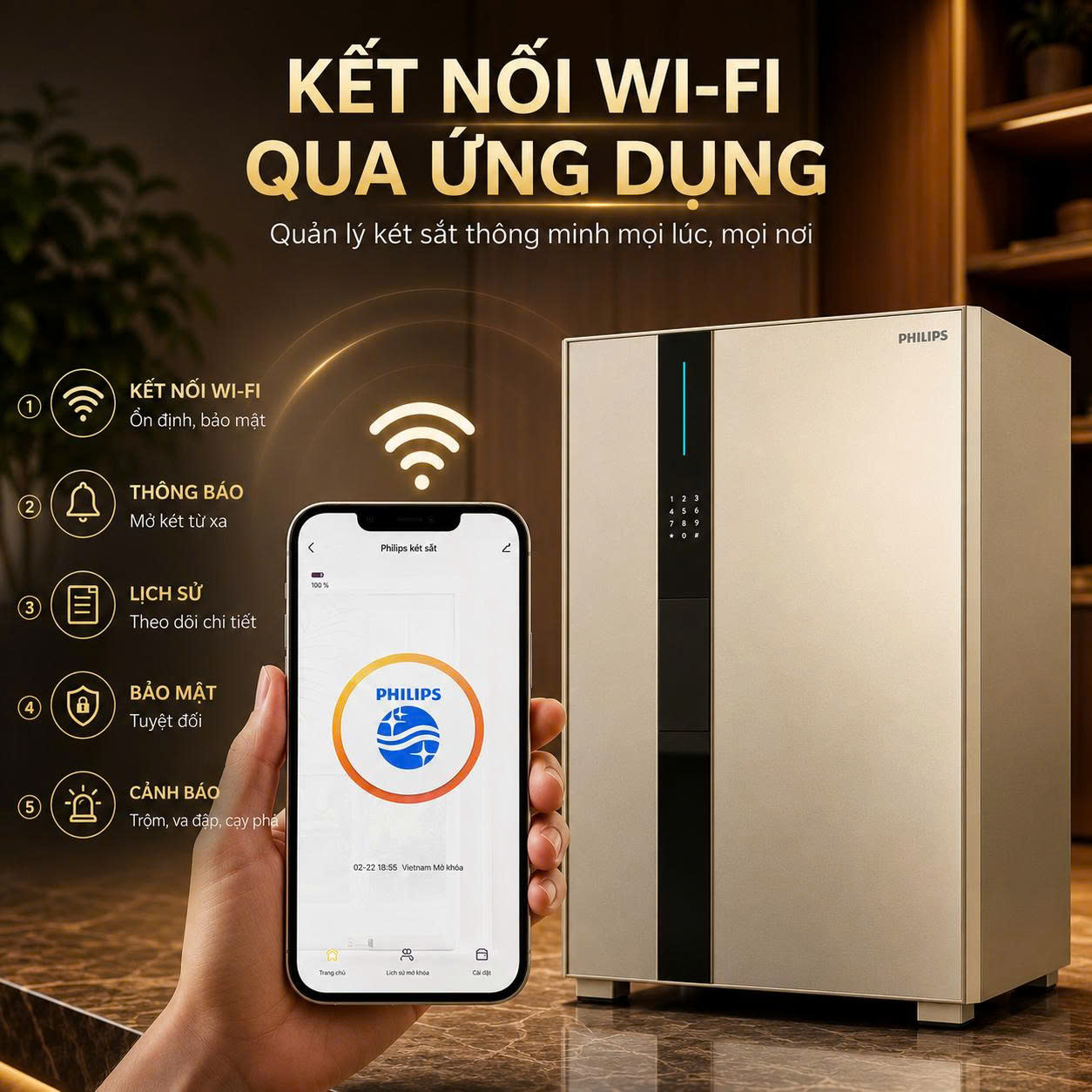 Két Sắt Philips VALIS-8BU Mở Bằng Tĩnh Mạch Lòng Bàn Tay Không Chạm, Cảnh Báo App Tuya Smart 24/7, Thân Thép Vi Carbon Nguyên Khối