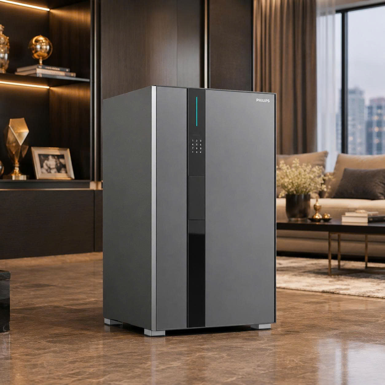 Két Sắt Philips VALIS-8BU Mở Bằng Tĩnh Mạch Lòng Bàn Tay Không Chạm, Cảnh Báo App Tuya Smart 24/7, Thân Thép Vi Carbon Nguyên Khối