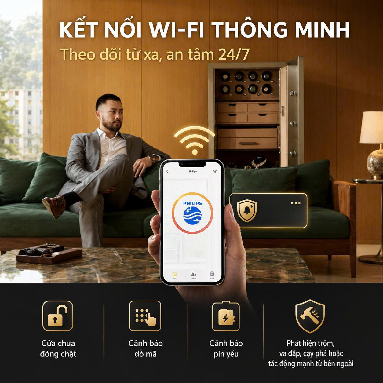 Két Sắt Đồng Hồ Xoay Philips Valis Max 358kg Mở Khóa Tĩnh Mạch Lòng Bàn Tay Không Chạm, Báo Động Qua App Tuya Smart
