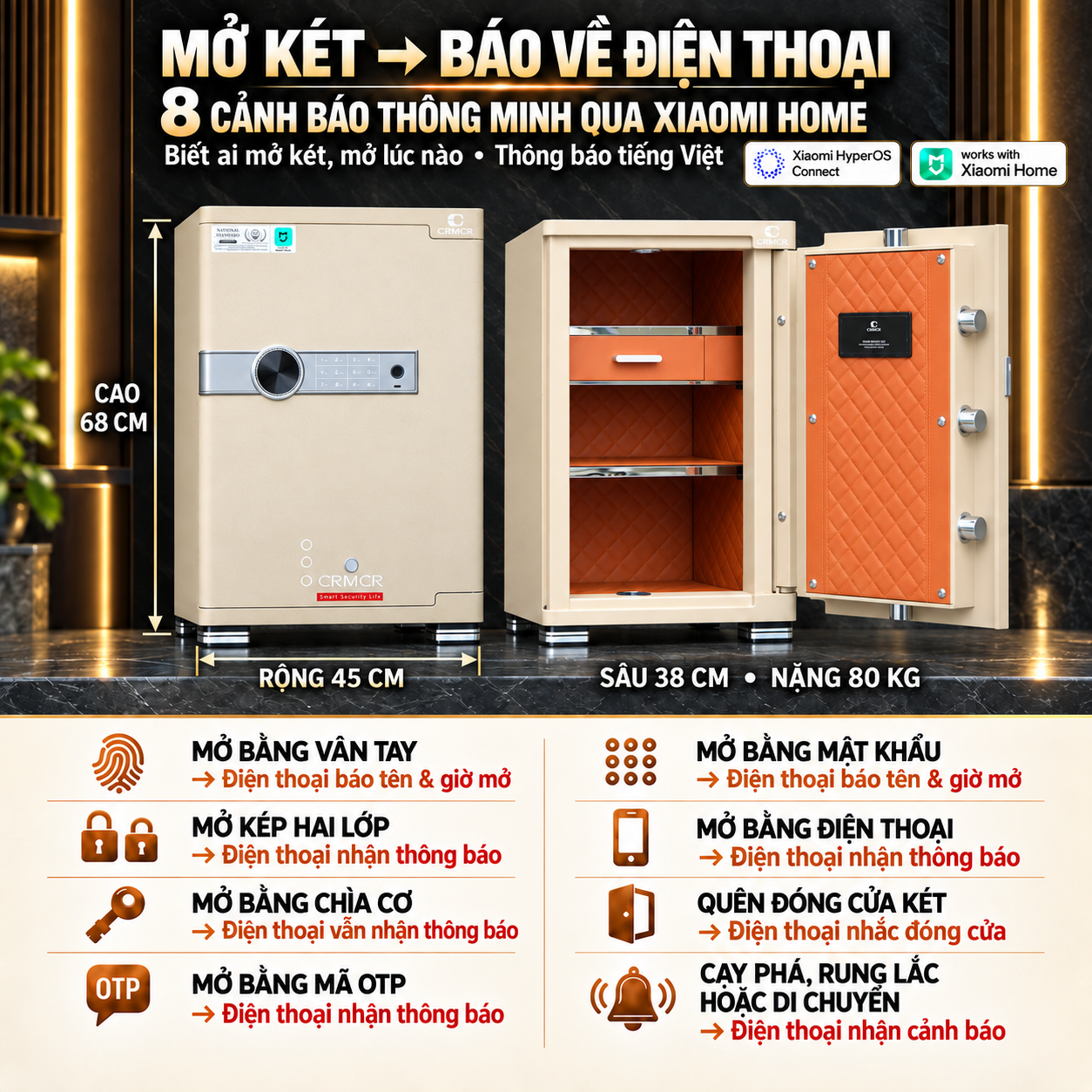Két Sắt Xiaomi CRMCR 65JB Khóa Vân Tay Điện Tử, Cảnh báo điện thoại
