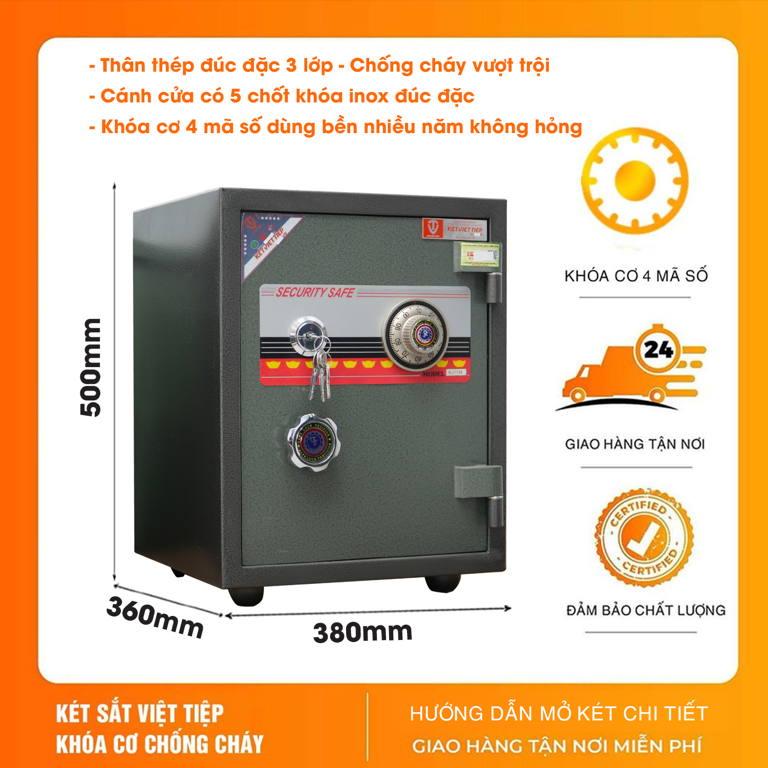 Két Sắt Việt Tiệp chính hãng Đúc Đặc chống cháy K41 Khóa Cơ