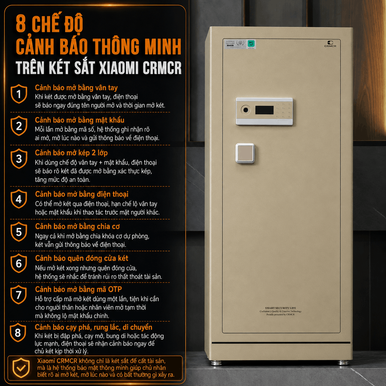 Két Sắt Xiaomi CRMCR 150LE Chính Hãng Cỡ Lớn Cao 154cm + Khóa Vân Tay Điện Tử Định Danh Người Mở + Chứng Nhận Chống Trộm A10
