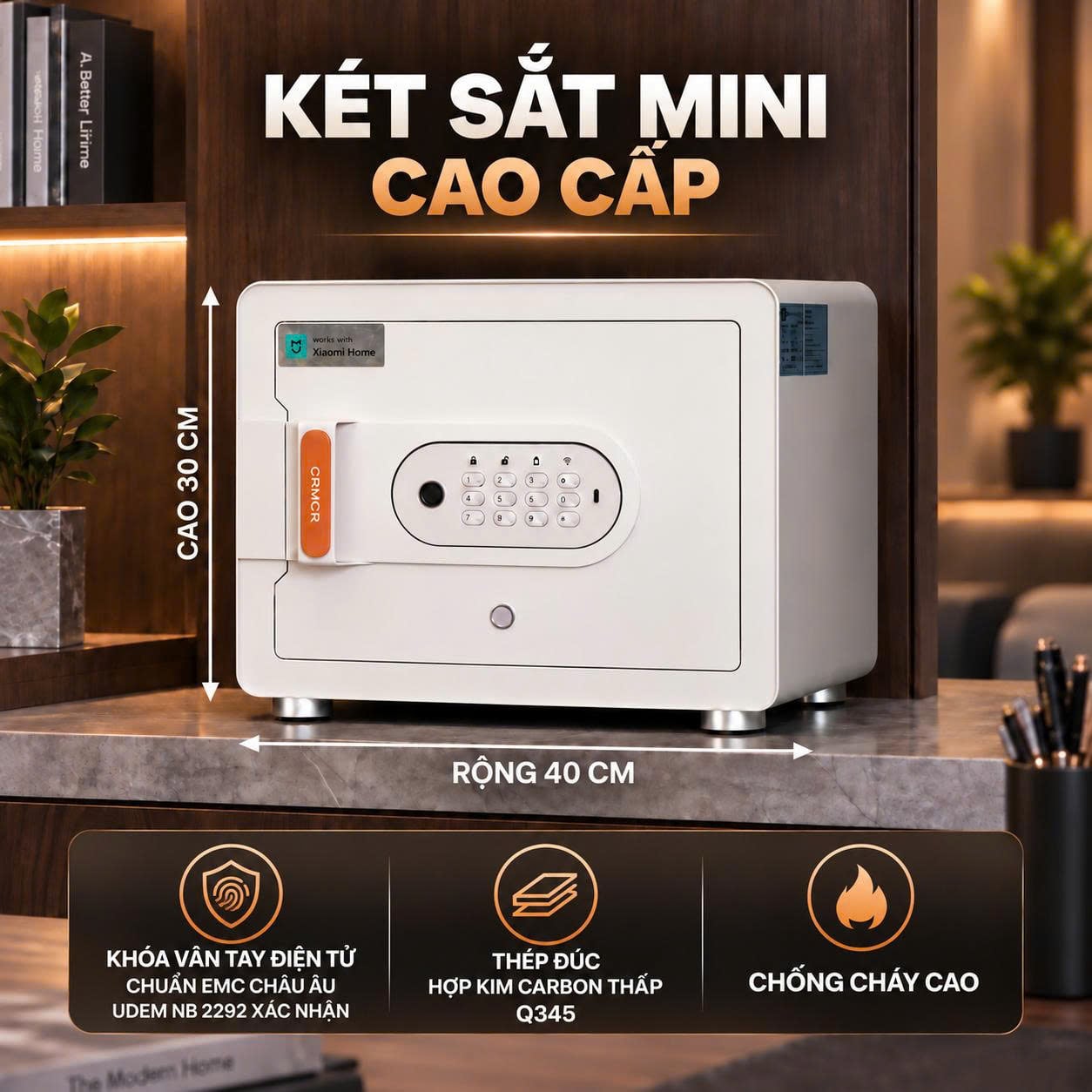 Két Sắt Mini Xiaomi CRMCR 30MS Vân Tay Điện Tử Định Danh, 8 Chế Độ Cảnh Báo Điện Thoại