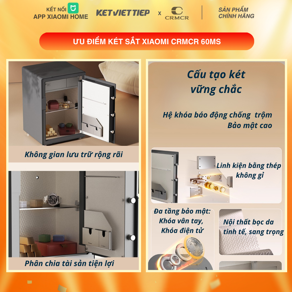Két Sắt Xiaomi CRMCR 60MS Khóa Vân Tay Điện Tử, Kết Nối App Xiaomi Home
