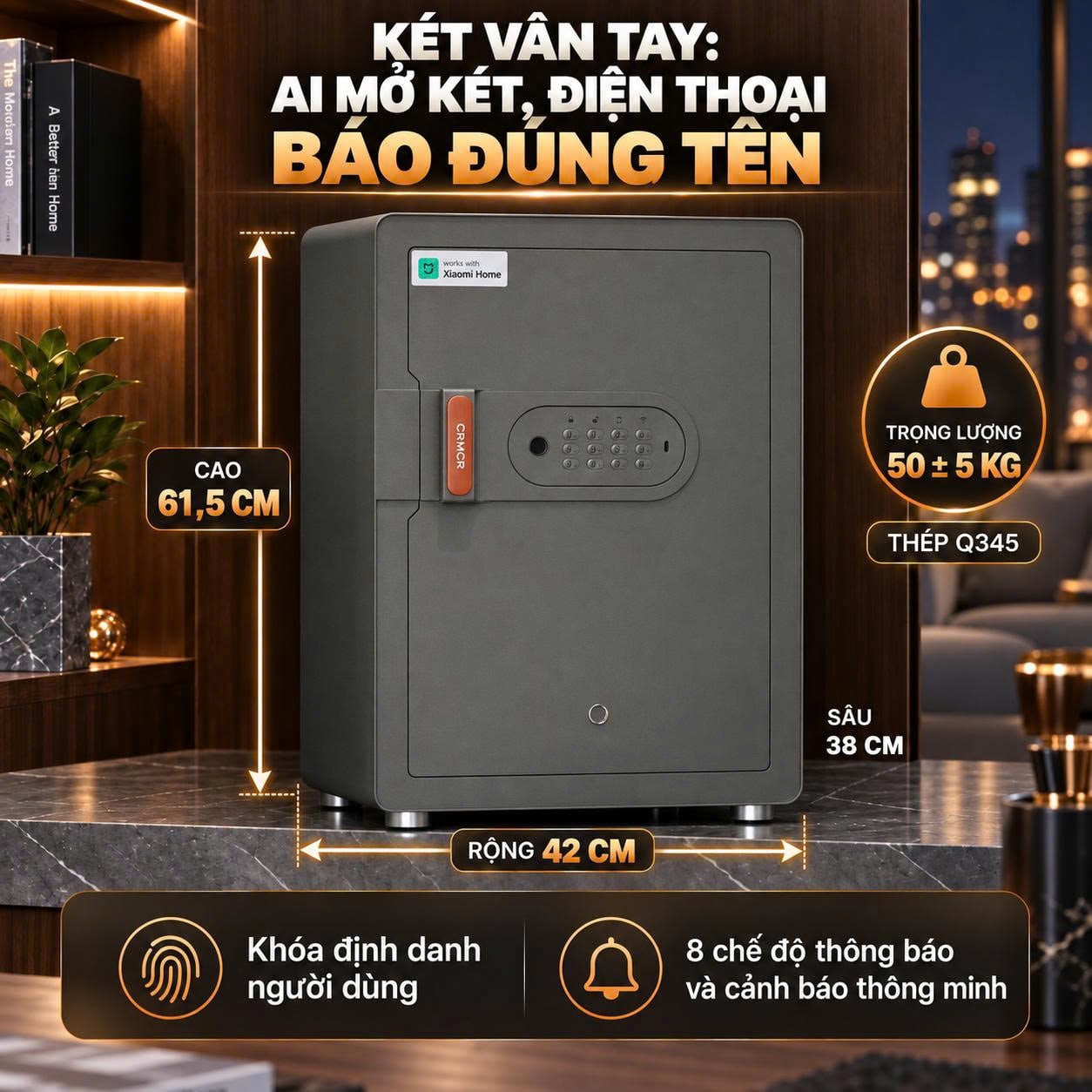 Két Sắt Xiaomi CRMCR 60MS Khóa Vân Tay Điện Tử, Cảnh báo điện thoại