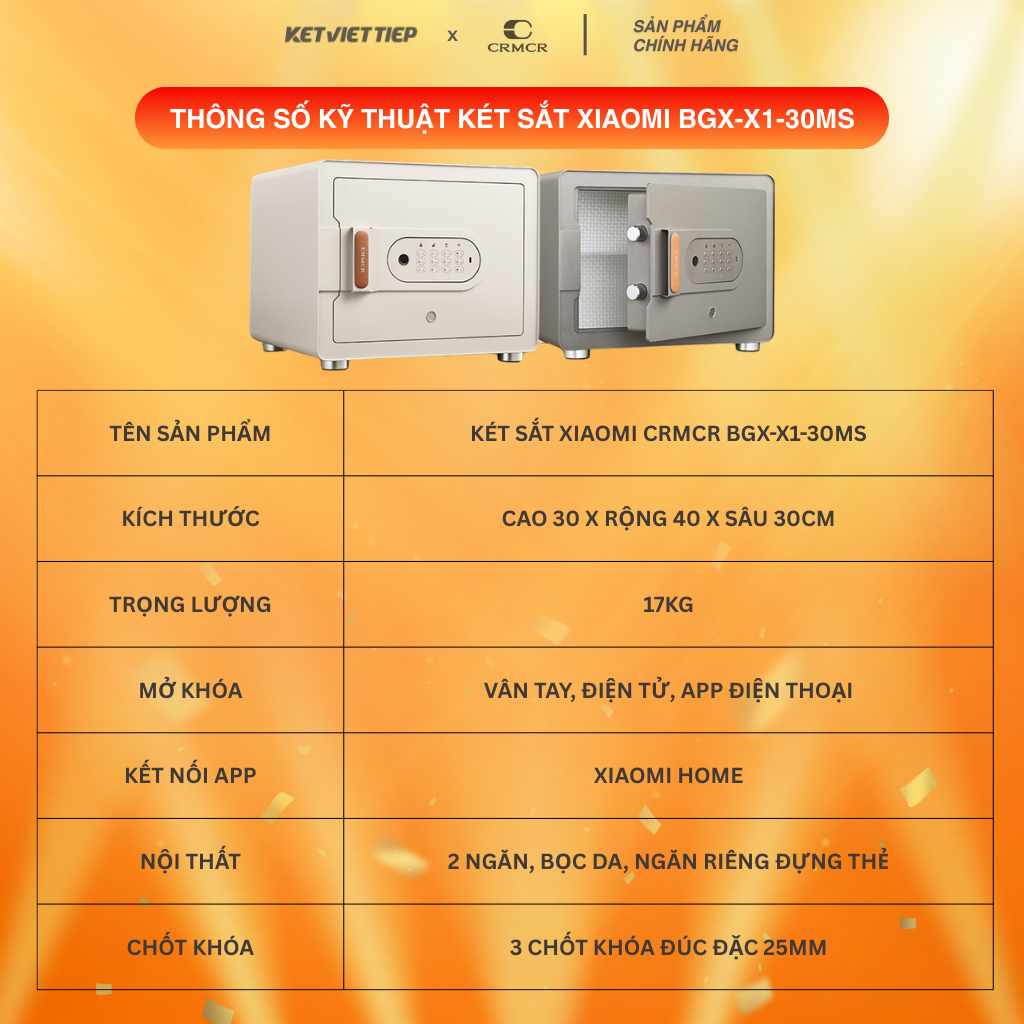 Két Sắt Xiaomi CRMCR 30MS Khóa Vân Tay Điện Tử, Kết Nối App Xiaomi Home