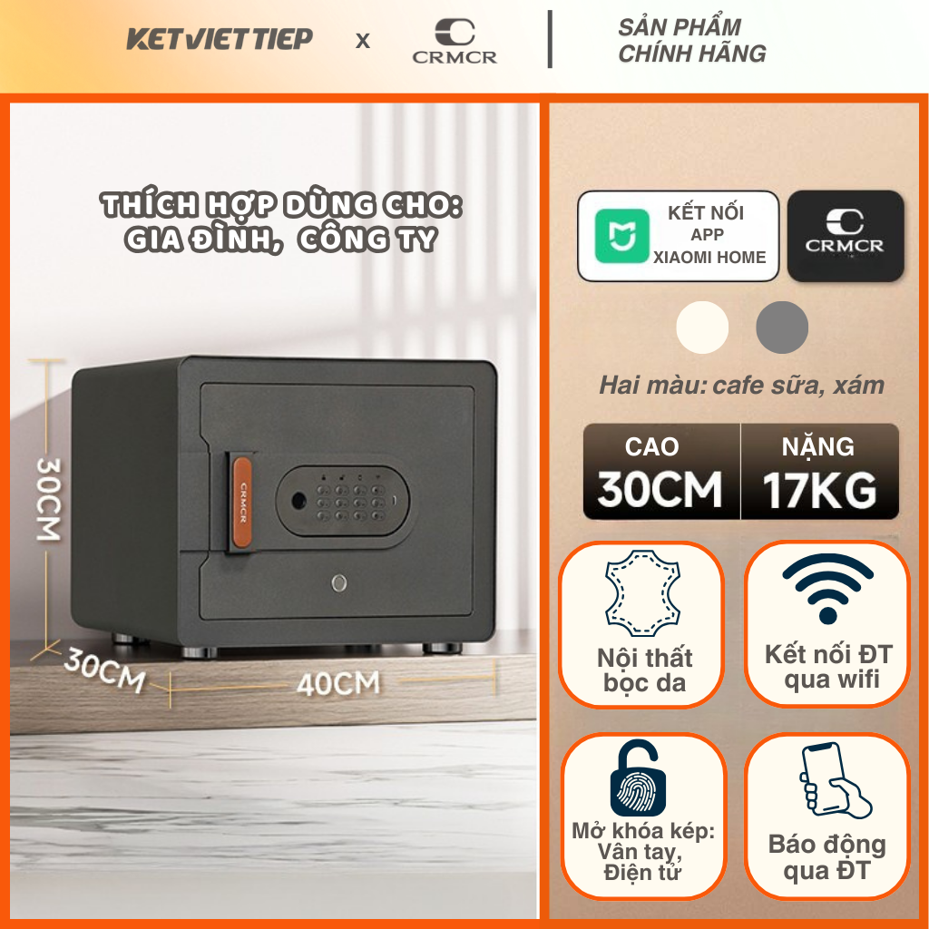 Két Sắt Xiaomi CRMCR 30MS Khóa Vân Tay Điện Tử, Kết Nối App Xiaomi Home