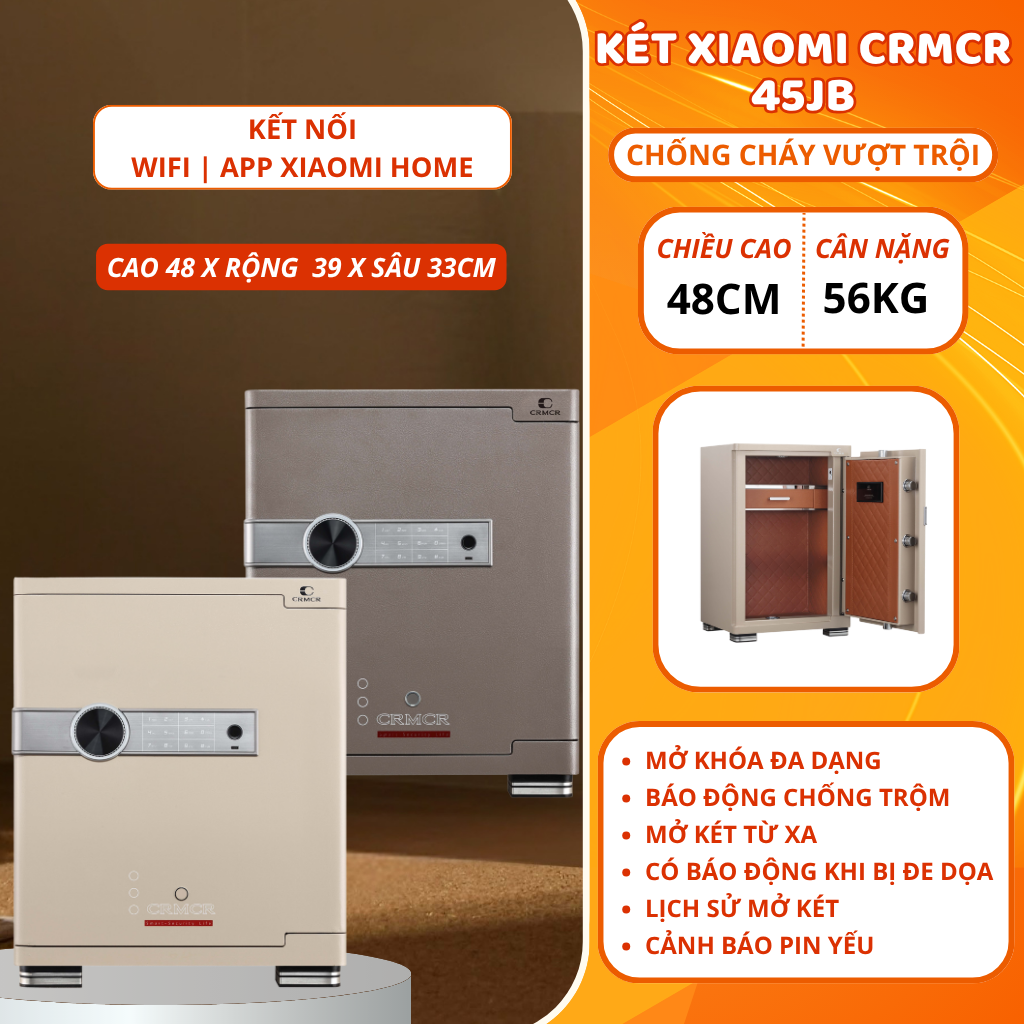 Két Sắt Xiaomi CRMCR 45JB Khóa Vân Tay Điện Tử, Kết Nối APP Xiaomi Home