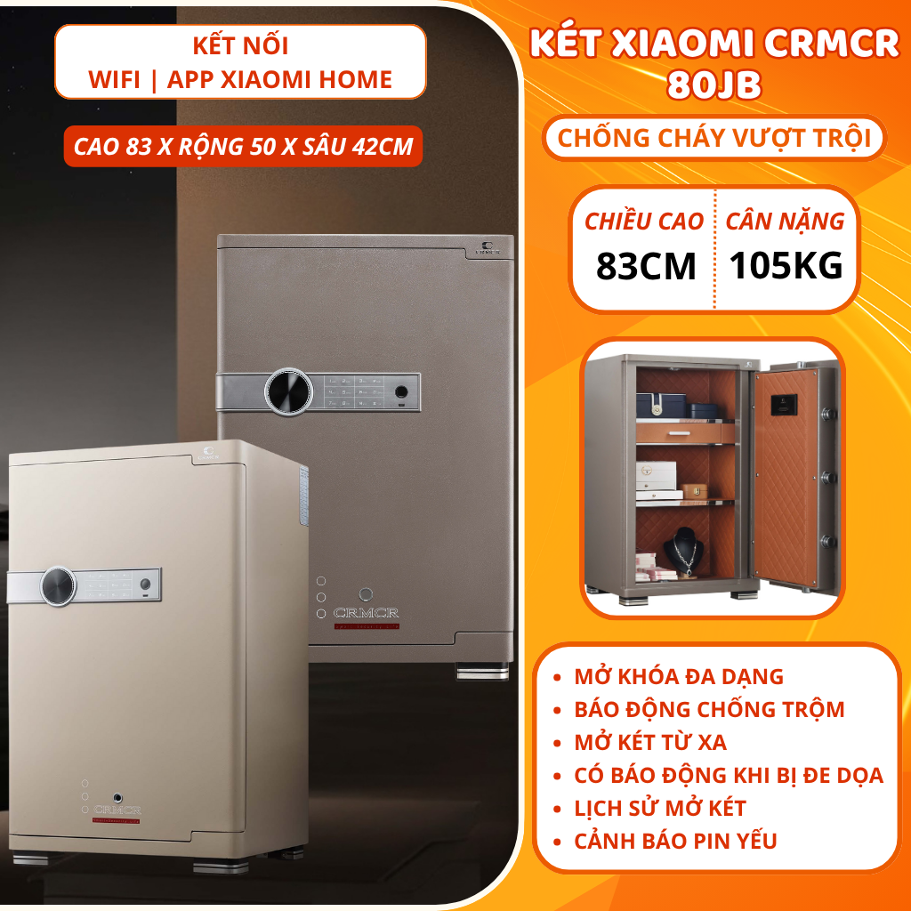 Két Sắt Xiaomi CRMCR 80JB Khóa Vân Tay Điện Tử, Kết Nối APP Xiaomi Home
