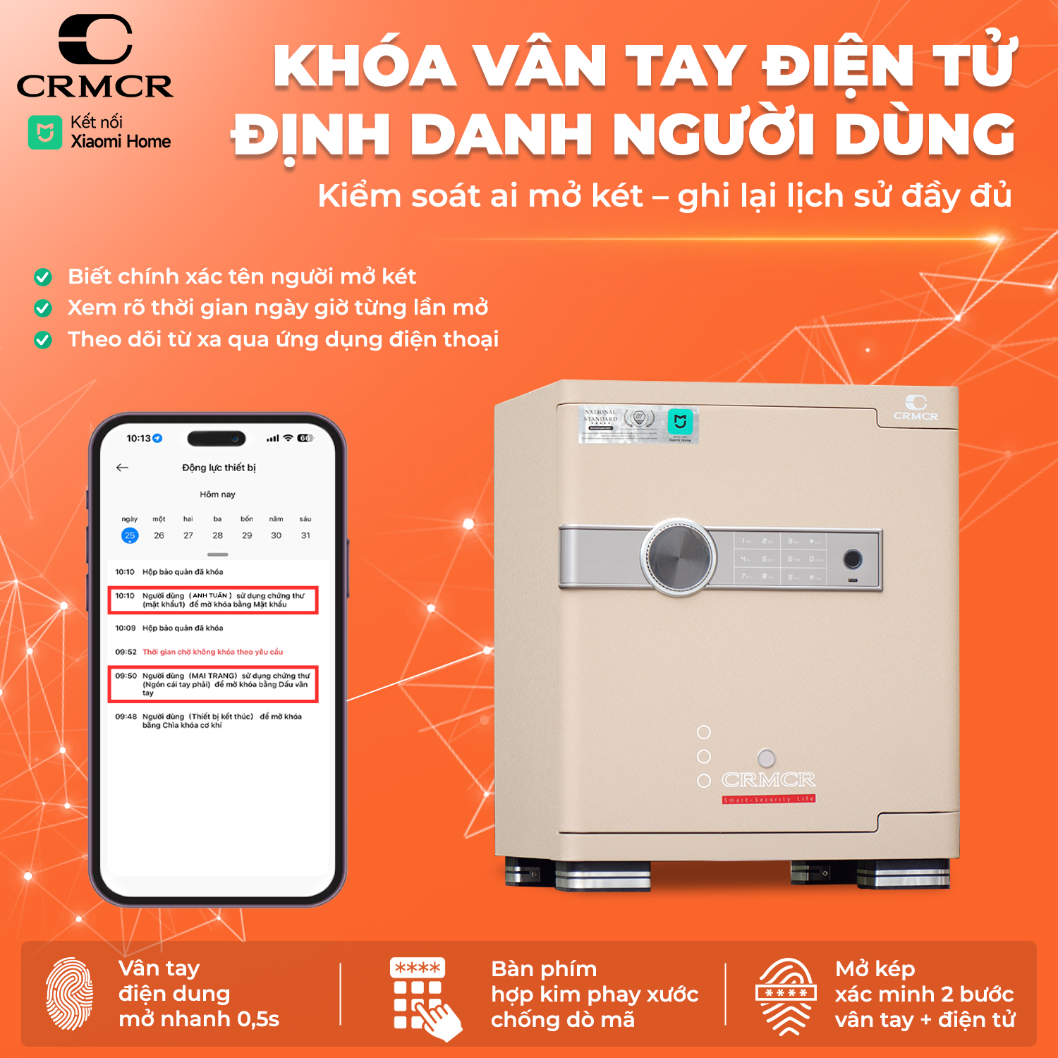Két Sắt Xiaomi CRMCR 45JB Khóa Vân Tay Điện Tử, cảnh báo điện thoại
