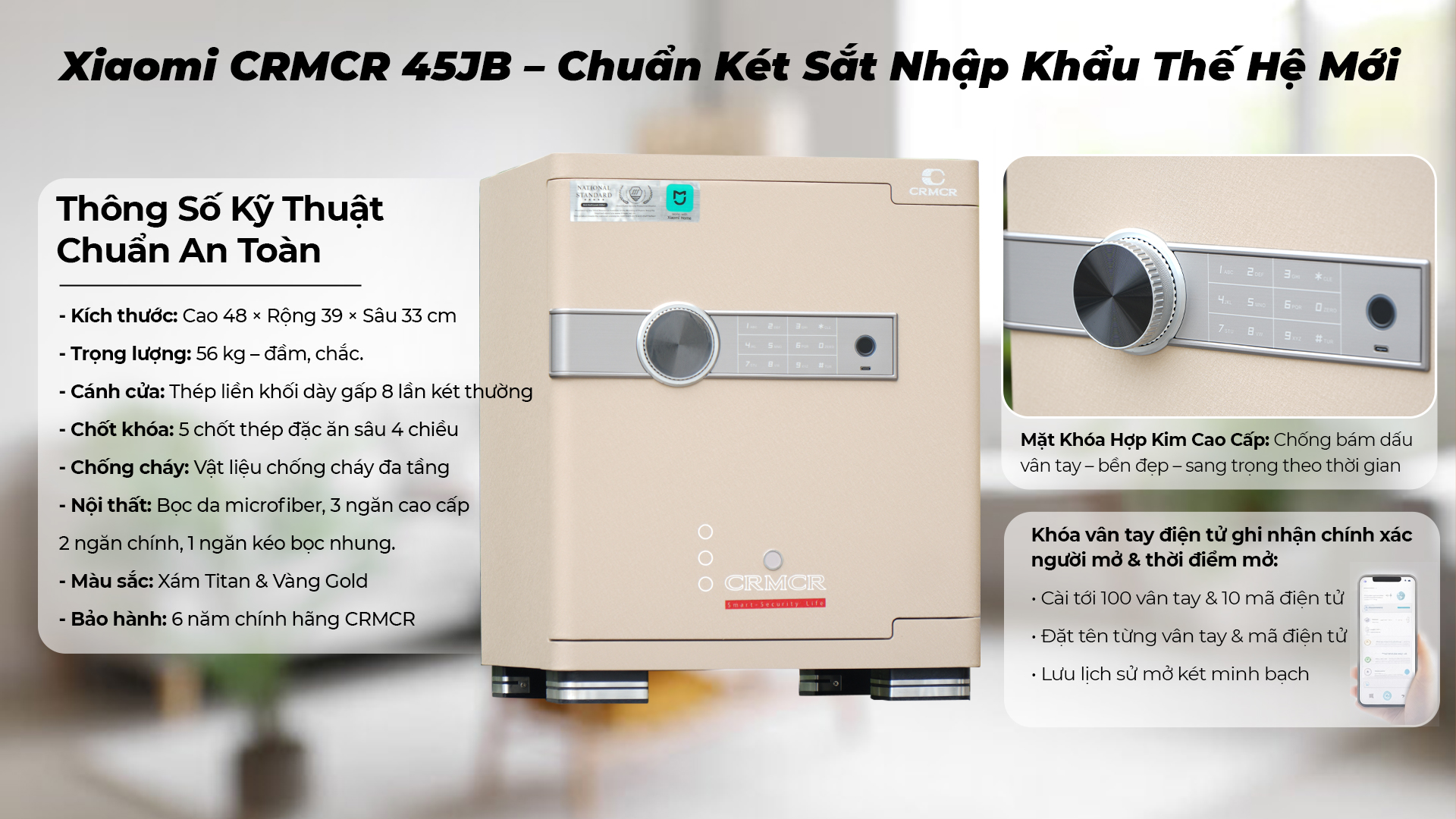 Két Sắt Xiaomi CRMCR 45JB Khóa Vân Tay Điện Tử, cảnh báo điện thoại