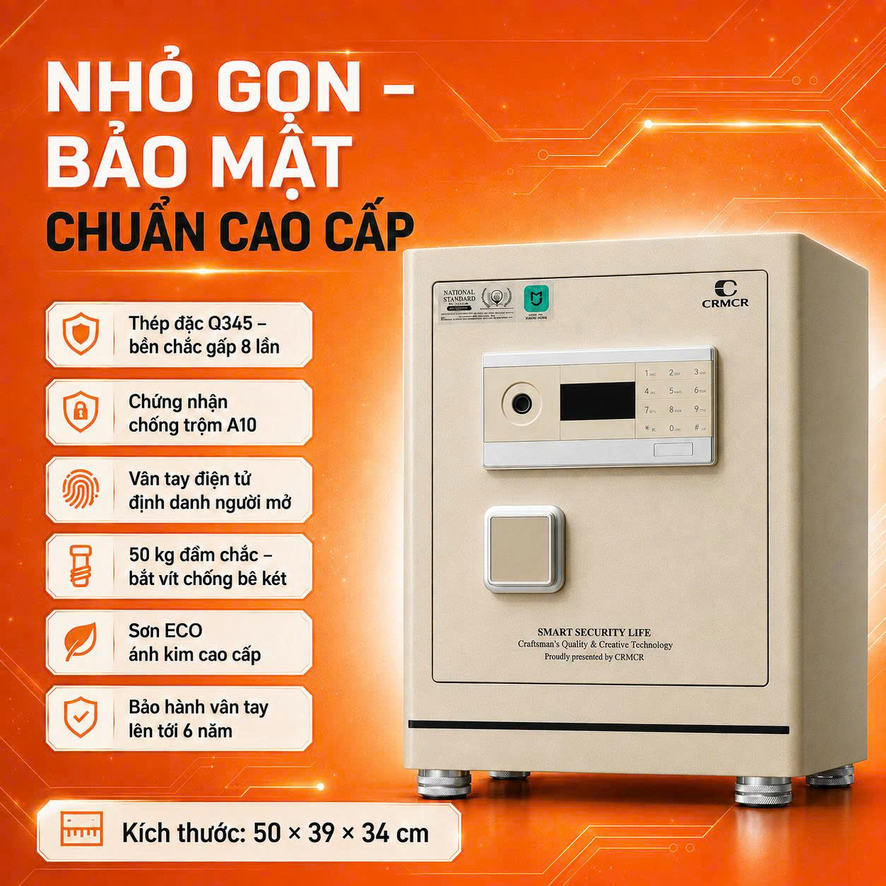 Két Sắt Xiaomi CRMCR 50LE Vân Tay Điện Tử Định Danh Người Mở, Thép Đặc Nguyên Khối 6 Mặt, Chống Trộm A10