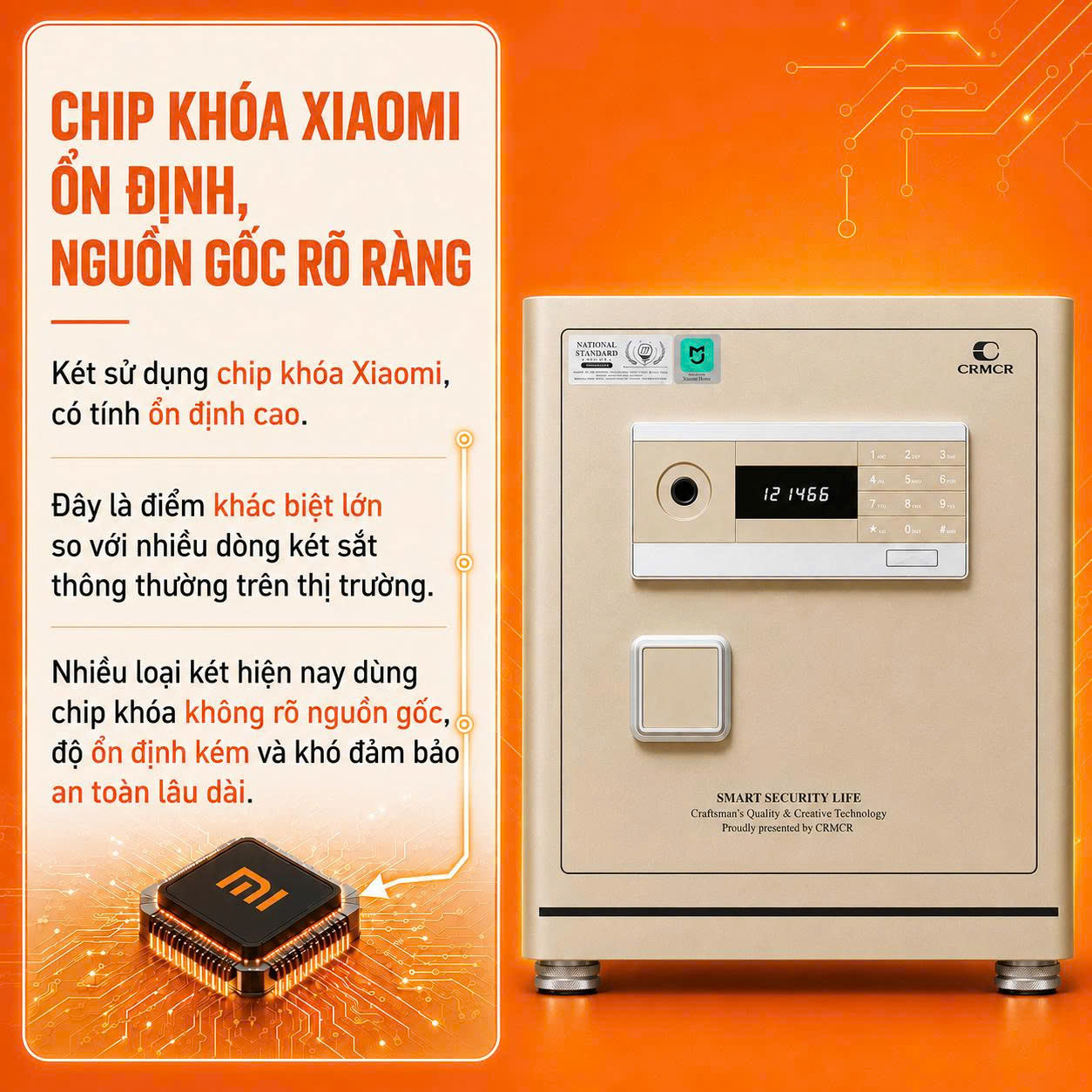 Két Sắt Xiaomi CRMCR 50LE Vân Tay Điện Tử Định Danh Người Mở, Thép Đặc Nguyên Khối 6 Mặt, Chống Trộm A10