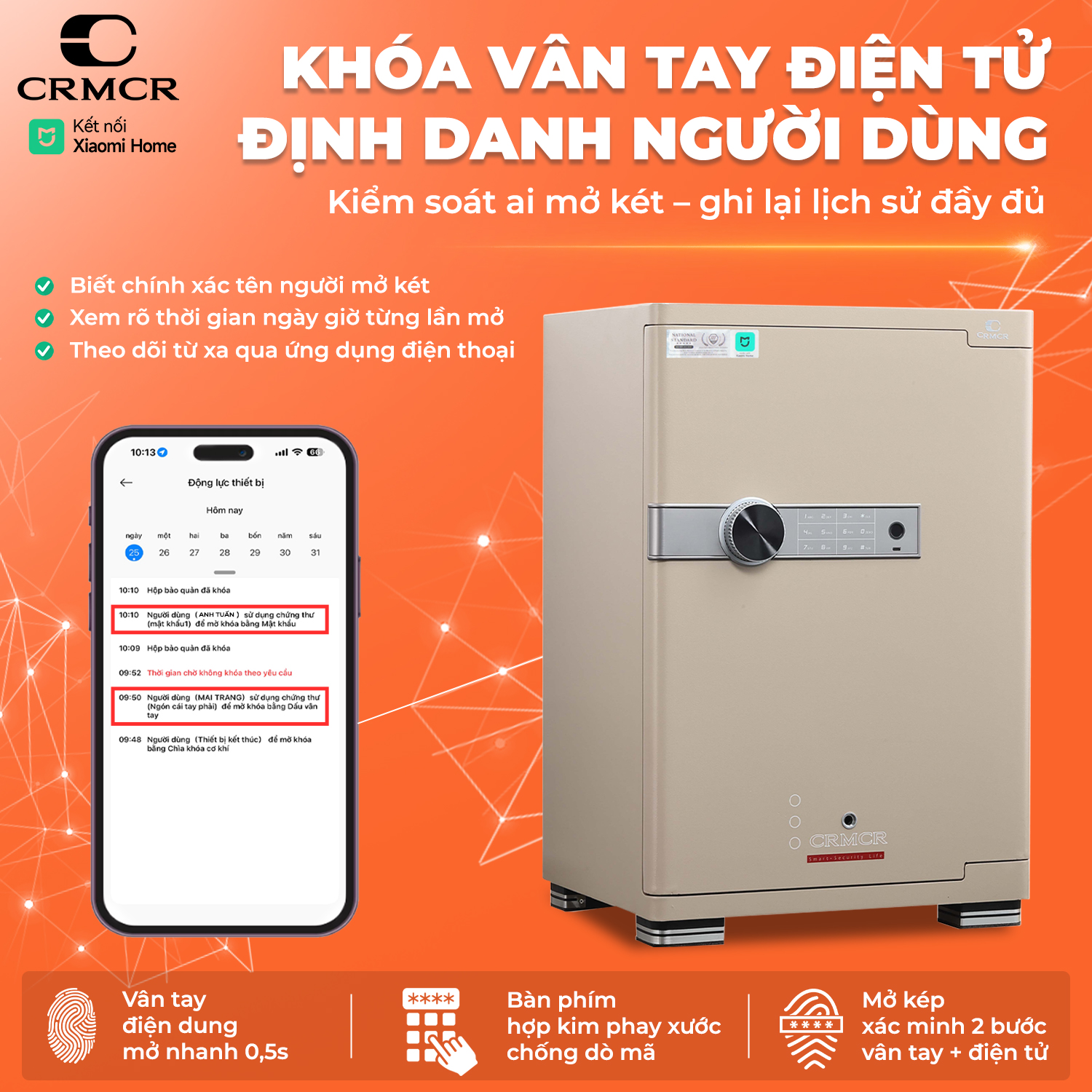 Két Sắt Xiaomi CRMCR 65JB Khóa Vân Tay Điện Tử, Cảnh báo điện thoại