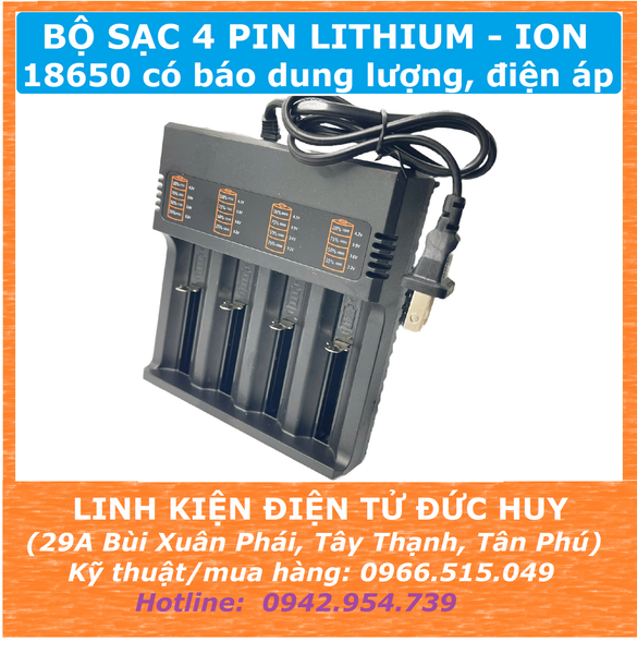 Bộ sạc 4 pin Lithium ion 18650 loại tốt (có báo mức dung lượng, điện áp)