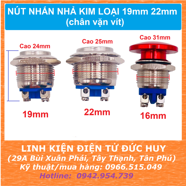 NÚT NHẤN NHẢ KIM LOẠI 19mm 22mm (chân vặn vít)