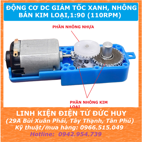 ĐỘNG CƠ DC GIẢM TỐC XANH, NHÔNG BÁN KIM LOẠI, 1:90 (110RPM) TRỤC ĐƠN