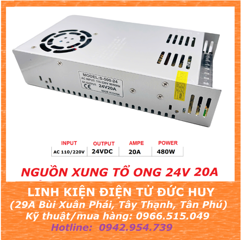 NGUỒN XUNG TỔ ONG 24V 20A 480W, CÓ QUẠT TẢN NHIỆT