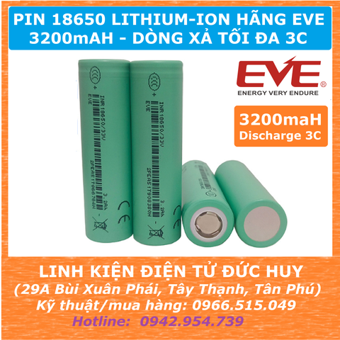Pin sạc lithium ion 18650 HÃNG EVE 3200mAh, xả 3C