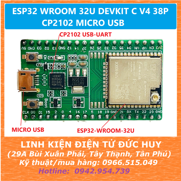 ESP32 DEVKITC V4 WROOM 32U 38P CP2102 MICRO USB (màu xanh)